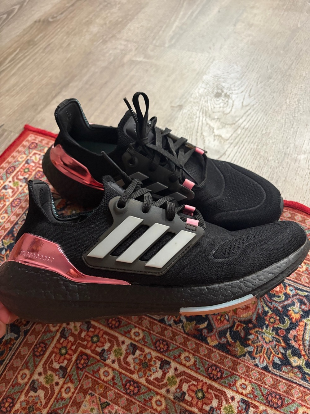 Adidas Black UltraBoost Running Shoes with Pink Metallic Accent
